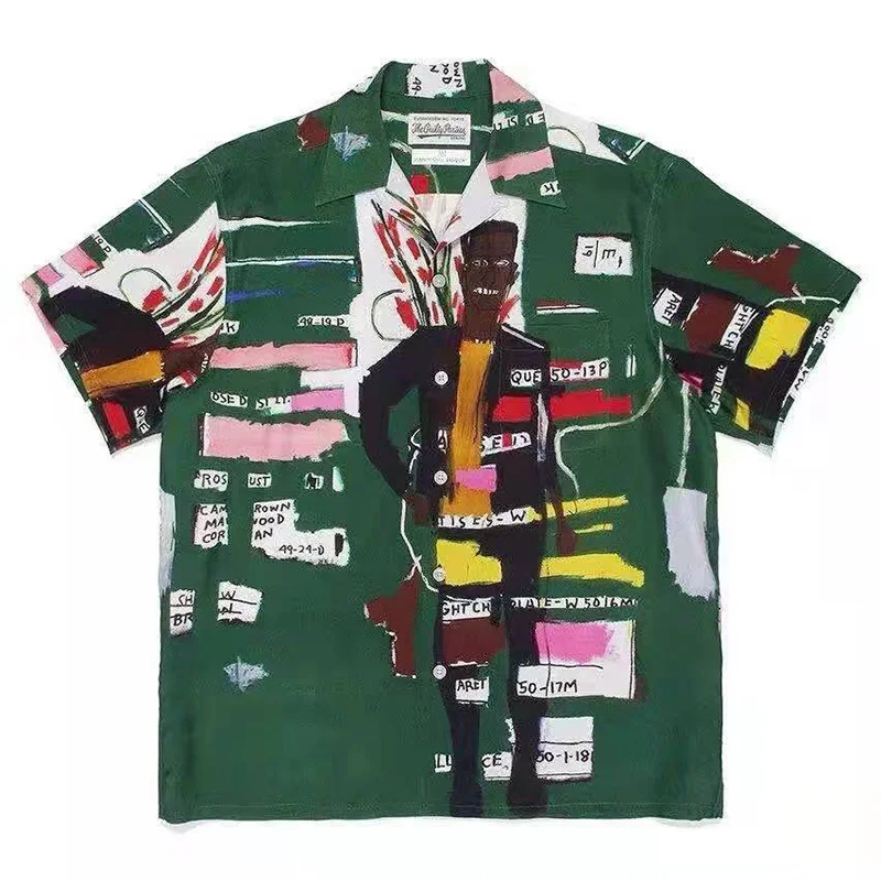 

WACKO MARIA Hawaii Shirt Graffiti Printing Men Women 1:1 Green Casual WACKO MARIA Shirts