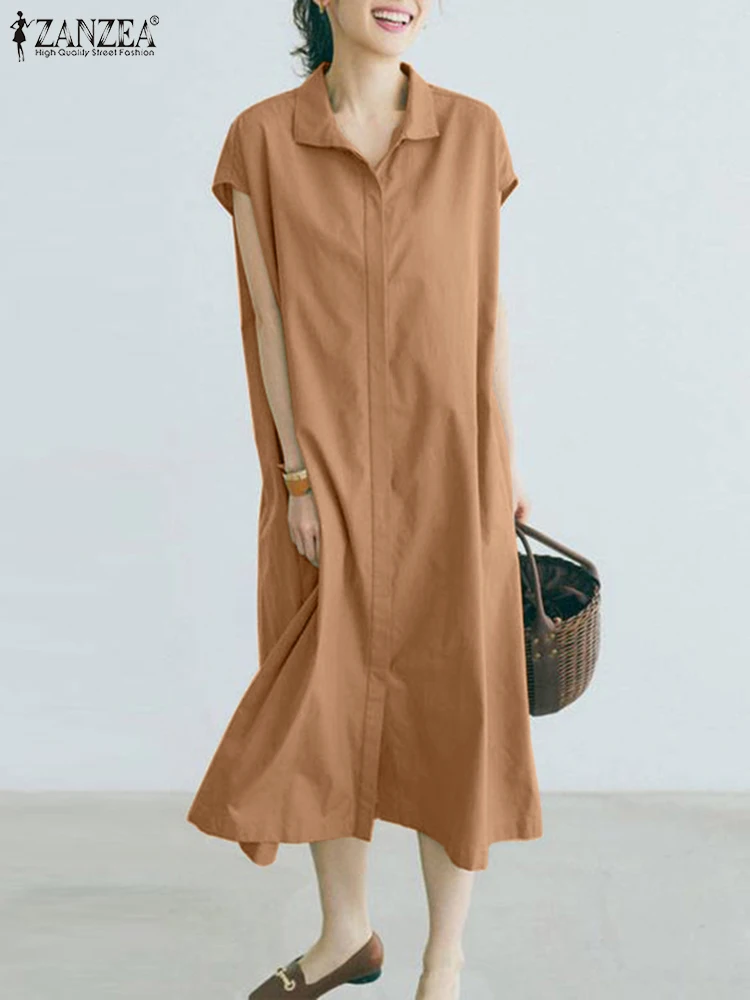 

Летний сарафан ZANZEA, повседневное свободное рабочее платье миди, свободный кафтан, Стильное женское свободное платье-рубашка с отложным воротником и коротким рукавом
