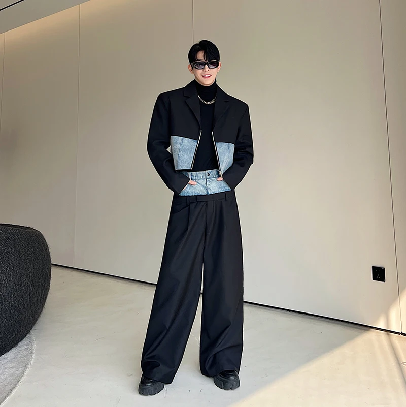 

Костюм мужской джинсовый из 2 предметов, короткий пиджак и мешковатые брюки, винтажная уличная одежда, брюки с широкими штанинами