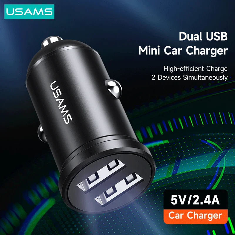 

USAMS 5V 2.4A Mini Dual USB Ports Car Charger Stable Car Lighter Charger For iPhone 13 12 11 Samsung Huawei Xiaomi Phone