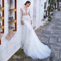 bobo v neck lace wedding gown for bride 2022 mermaid sexy backless bridal dress long sleeves appliques button vestido de noiva