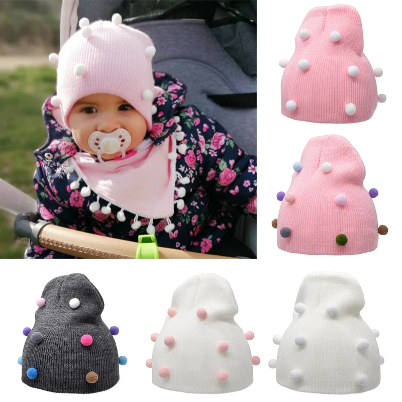 

3 Colors Baby Knitted Cap Hat Color Pompom Decoration Hat Stretch Autumn And Winter Cap Prevent Colds Keep Warm For Babies