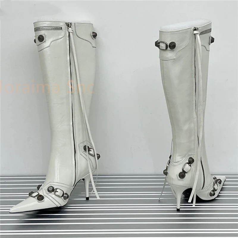 Metal Rivets Thin High Heel Long Boots Punk Winter Women Sexy Pointed Toe Solid Stiletto Shoes Knee High Boots Tassels Zipper