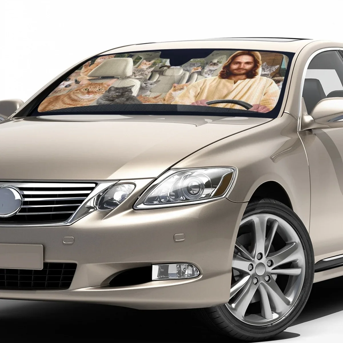 Автомобильный солнцезащитный козырек с забавным рисунком Иисуса и кошки