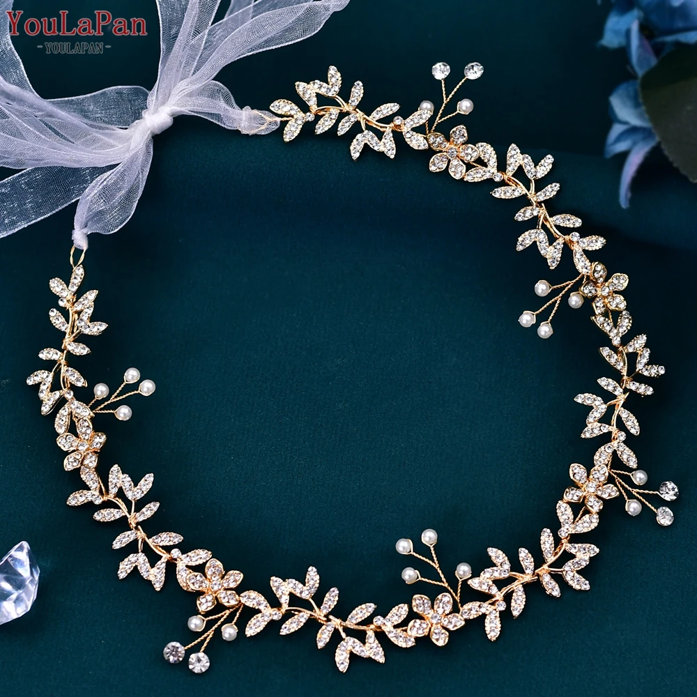 Женская повязка на голову YouLaPan золотистая Свадебная головная с листьями и