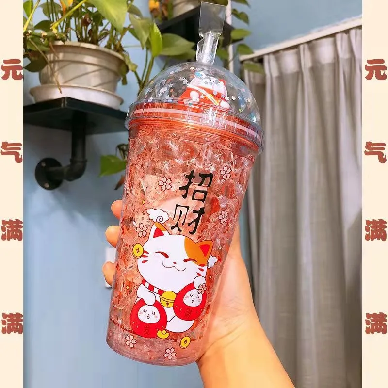 Double Layer Ice Cup Lucky Cat Water Bottle with Straw Japanese Pink Cute Child Girl Creative Double Wall Drinking Gifts