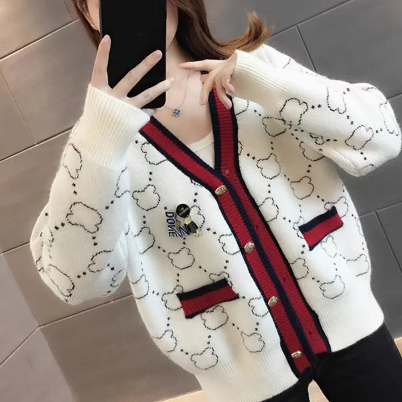 Женская одежда модные жаккардовые шикарные свитера на пуговицах с медведем