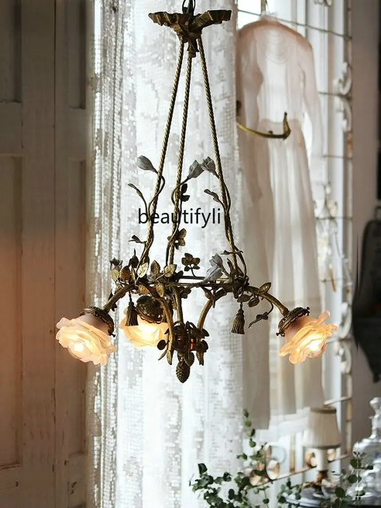 

zqFrench Pastoral All Copper Dining Room Chandelier Study American Retro Glass Flower Bedroom Chandelier