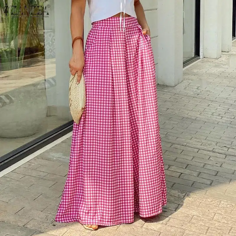 

Брюки женские клетчатые с широкими штанинами и эластичным поясом