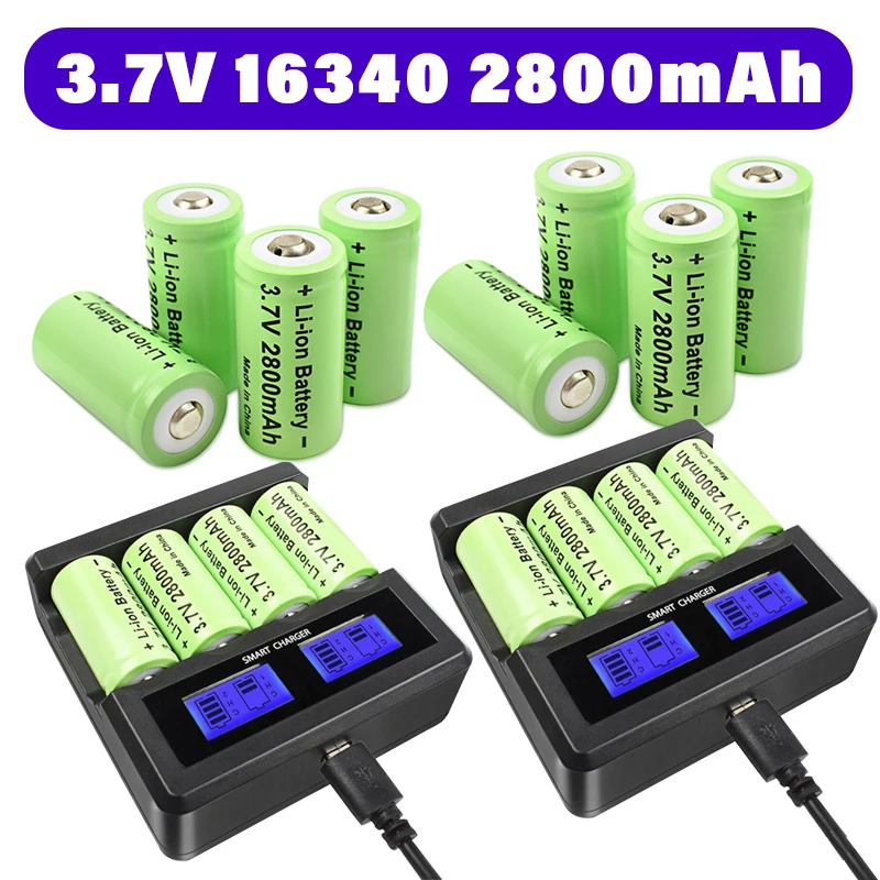 

Powtree 16P 16340 Batteries 2800mAh Rechargeable 3.7V Li-ion CR123A RCR 123 ICR Battery for LED Flashlight Travel Wall Charger