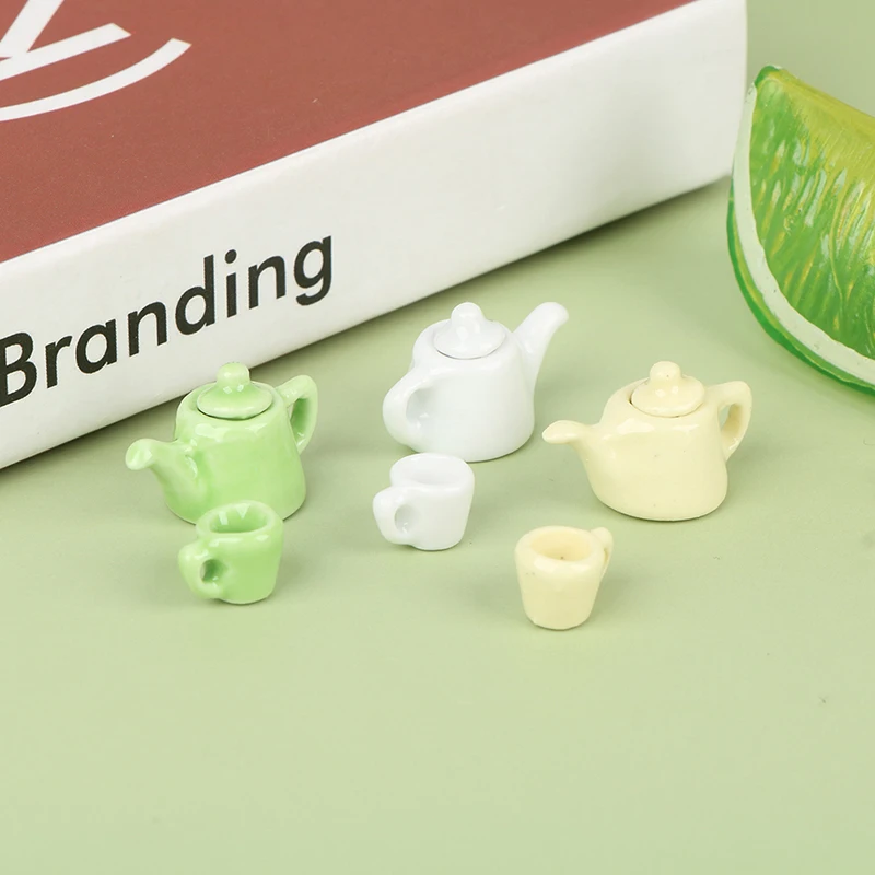 

5pcs/set 1:12 Miniature Porcelain Teapot Tea Cup Set Solid Color Tableware Kitchen Dollhouse Furniture Toys Children Play House