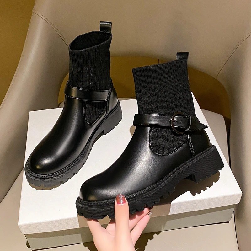 

Round Toe Boots Women 2022 Autumn New Fashion Ladies Boots Chunky Elastic Black Platform Boots Female Luxury Chelsea Boots