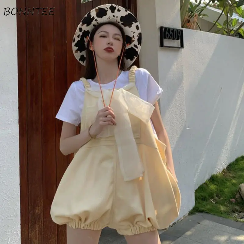 

Женский комплект из двух предметов, повседневный однотонный Свободный комбинезон-фонарик, сетчатый комбинезон в Корейском стиле, милый топ для колледжа на лето