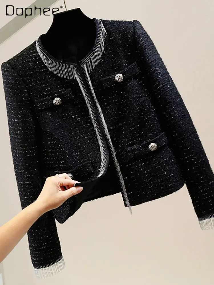 

Chain Tassel Faux Pocket Decorative Black Jacket Women Temperamental Padded Shoulder Round Neck Bright Silk Short Woolen Coat