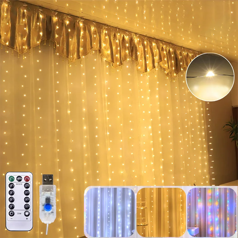 Christmas Lights Led Curtain Lights 8 Modes USB Remote Control Fairy Lights String Wedding  Home Bedroom Decorate New Year Lamp