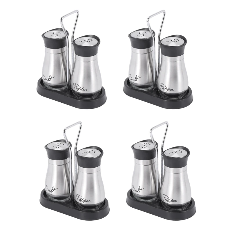 

4X Salt And Pepper Shakers Set - High Grade Stainless Steel With Glass Bottom And 4 Inch Stand - 4 Oz.