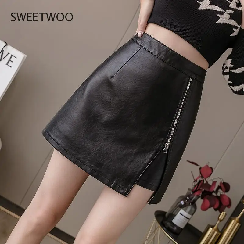 

2022 New Sexy Women Pu Leather Skirts Vintage Summer High Waist Elegant Short Dress for Female Solid Color Zipper Tight Skirts