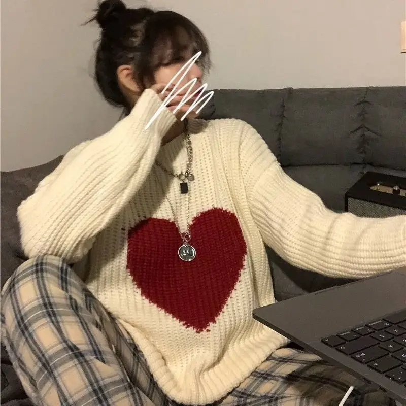 

Kawaii Women's Sweater Round O Neck Cute Knit Tops for Woman Pullover Off White Sale Aesthetic Autumn Winter 2023 Cashmere Warm
