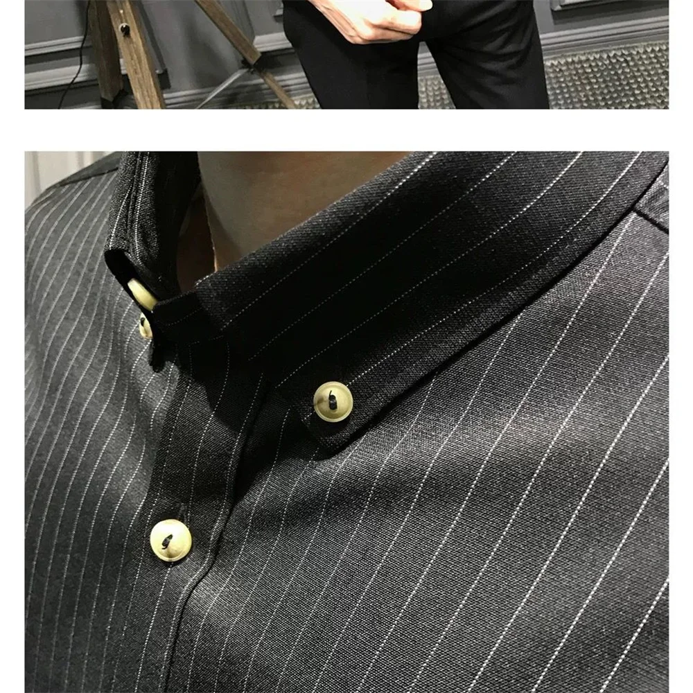 2023 new autumn men's long-sleeved shirt striped Korean version slim black trend shirt