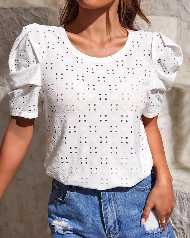 

Женская Свободная блузка с круглым вырезом, белая рубашка с воланом на рукавах, новинка 2023