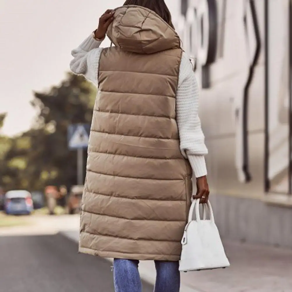 

Quilted Vest Warm Hooded Outwear Vest Women Drawstring Simple Single-breasted Pockets Drawstring Outwear Vest