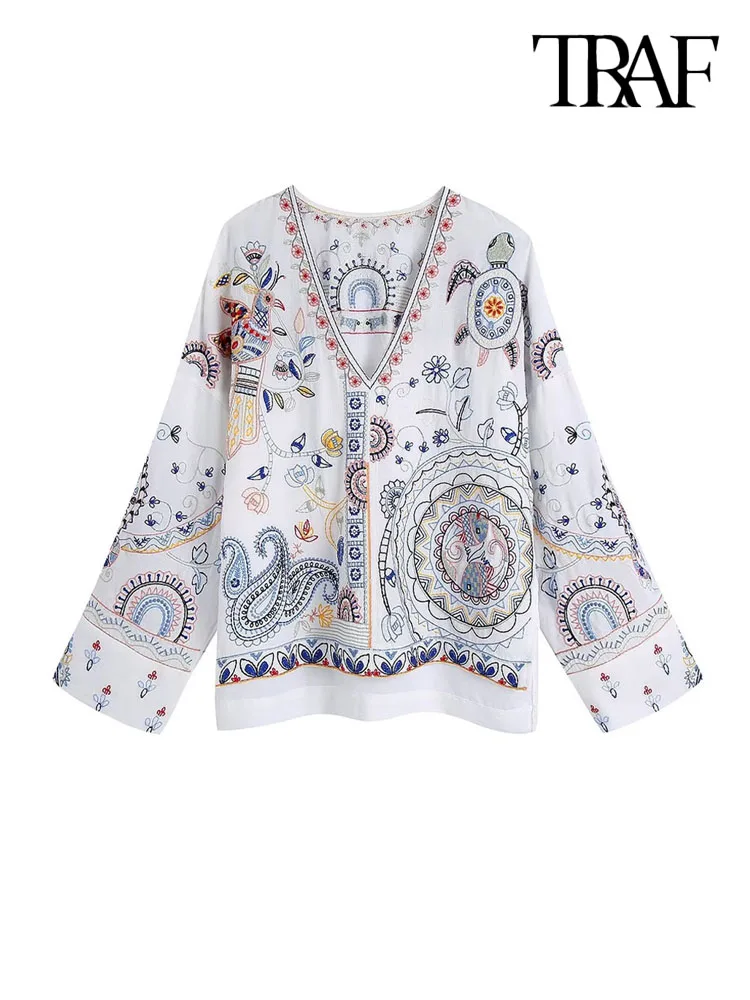 

TRAF Women Fashion Contrast Embroidery Asymmetric Loose Blouses Vintage Long Sleeve Side Vents Female Shirts Blusa Chic Tops