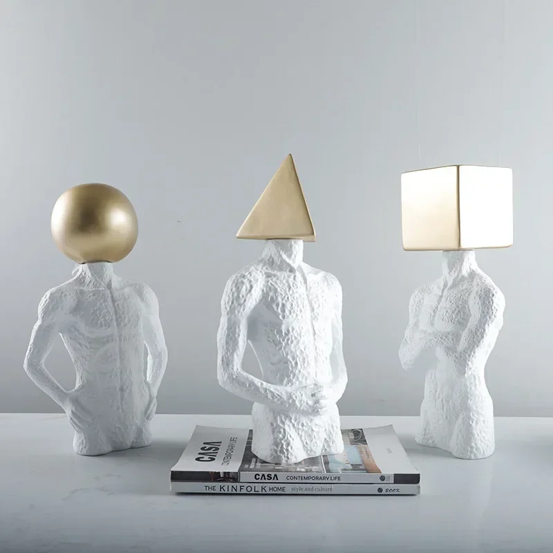 Criativo resina artesanato cabeça geométrica branca corpo masculino escultura큐 sala de estar decoração mesa ornamento