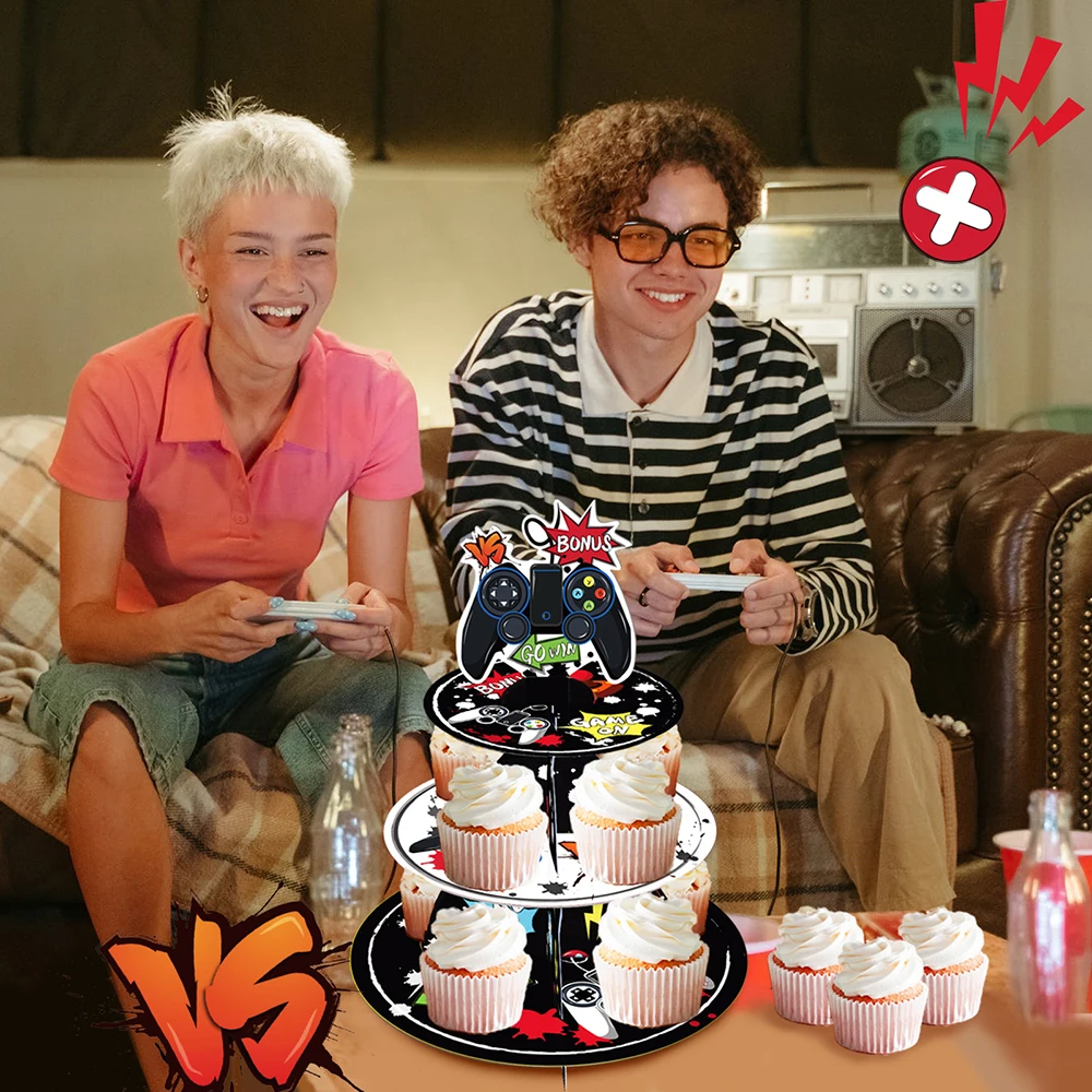 

3-layers Cool Black Game Gamepad Birthday Party Paper Small Cake Shown Stand Cupcake Display Stand Baby Shower Party Decorations