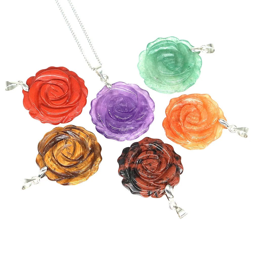 

Natural Stone Amethyst Crystal Pendant for Women, Pink Flower Shape, Hand-Carved Charms to Make Jewelry, DIY Necklace, Valentine