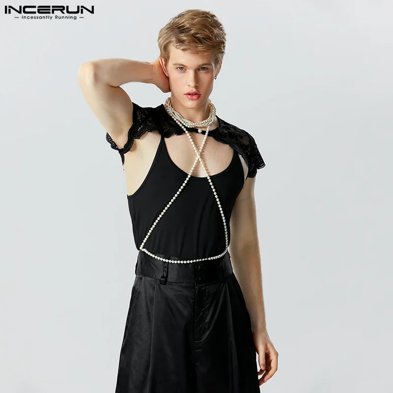 

Men Tank Tops Lace Patchwork Transparent O-neck Sleeveless Summer Irregular Vests Streetwear Fashion Men Clothing INCERUN S-5XL