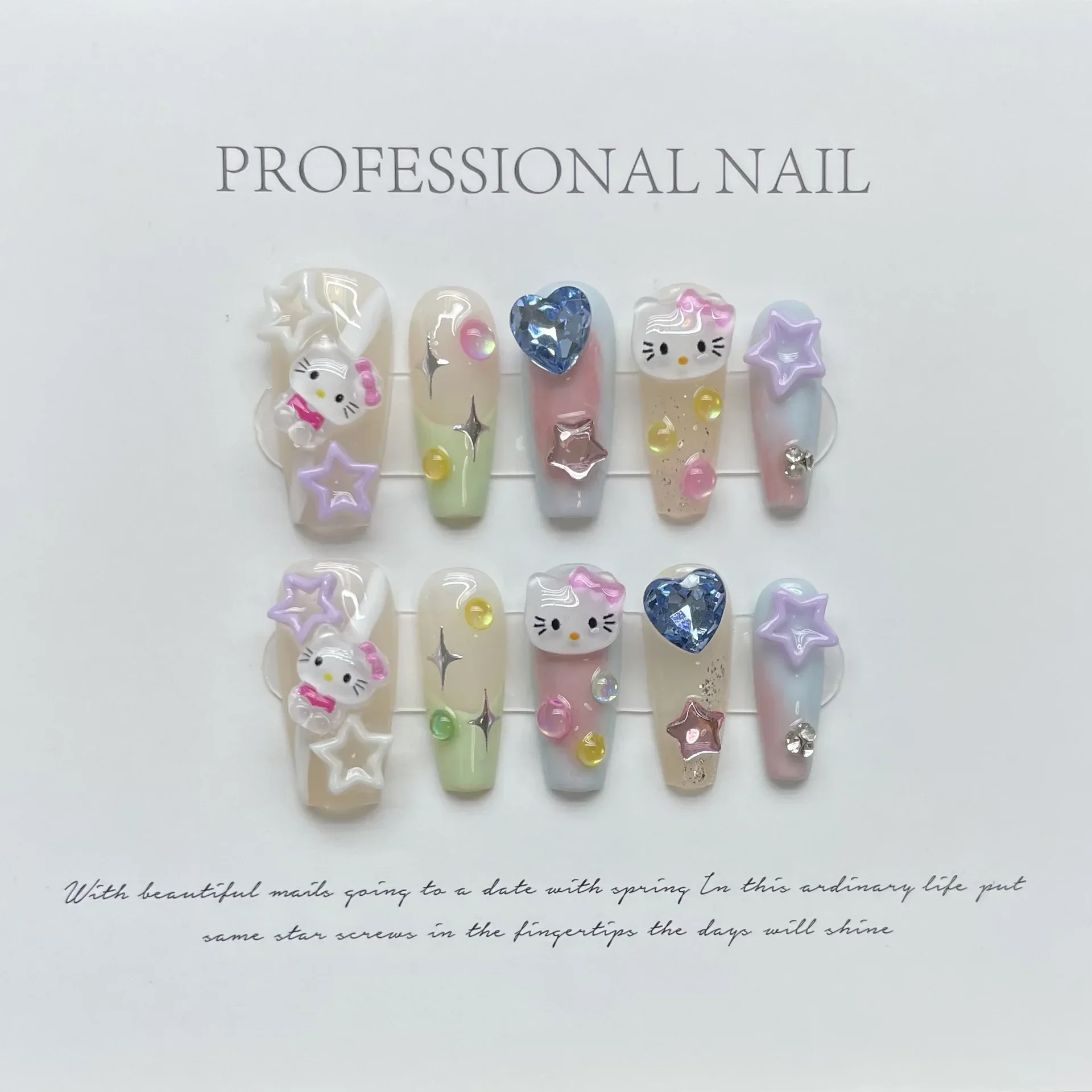 10 шт. японские милые накладные ногти Hello Kitty Sanrio Kawaii короткие длинные стильные с