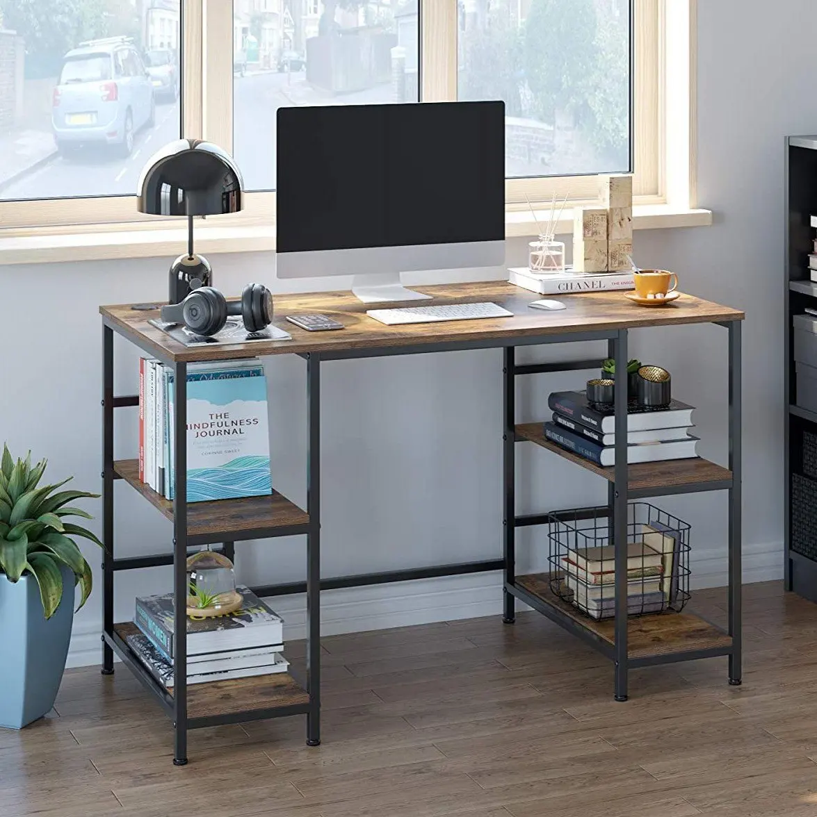 

120cm Computer Desk w/Open Storage Shelves for Both Side, Multifunction Trestle Desk, Home Office Desk/Studio Workstation