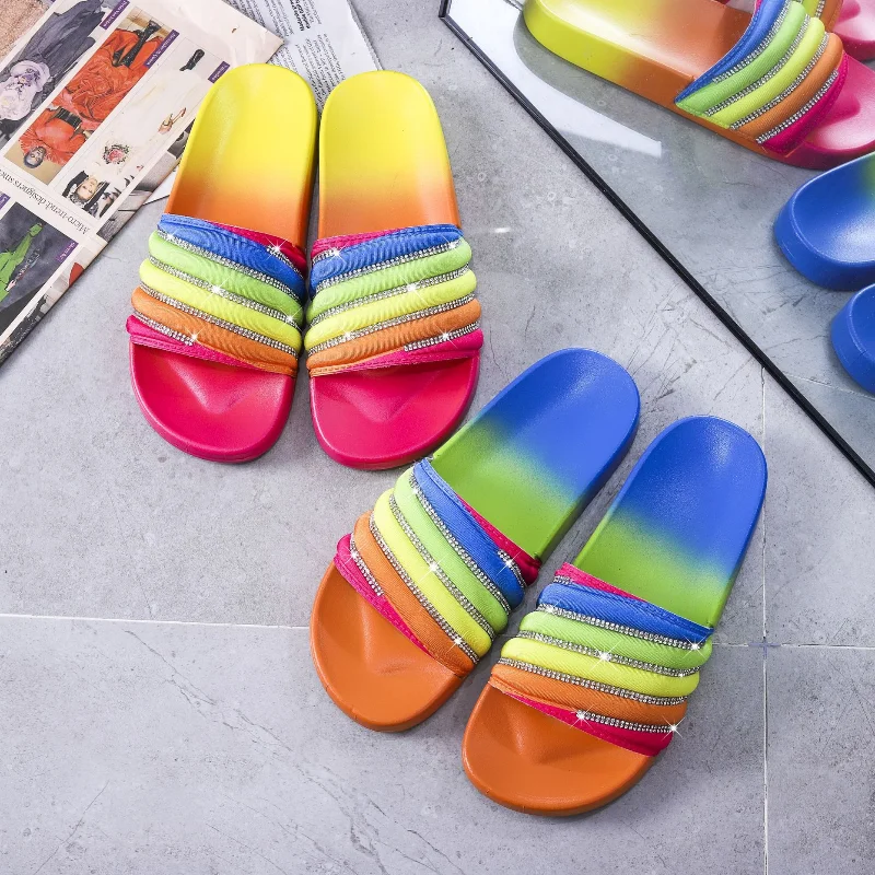 

Rainbow Oblique Diamond Single-Strap New Women Flip Flop Fashion Beach Shoes Flat Outdoor Casual Simple Slippers Chinelos Mulher