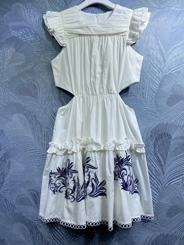 

Seifrmann High Quality Summer Women Fashion Designer Midi Dress Short Sleeve Shirring Ruffle Embroidery White Dresses Vestidos