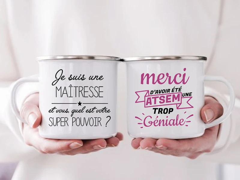 

Merci Maîtresse Super Atsem Print Mugs Creative Coffee Cups Drinks Water Milk Cup Enamel Mug School Home Handle Drinkware Gifts