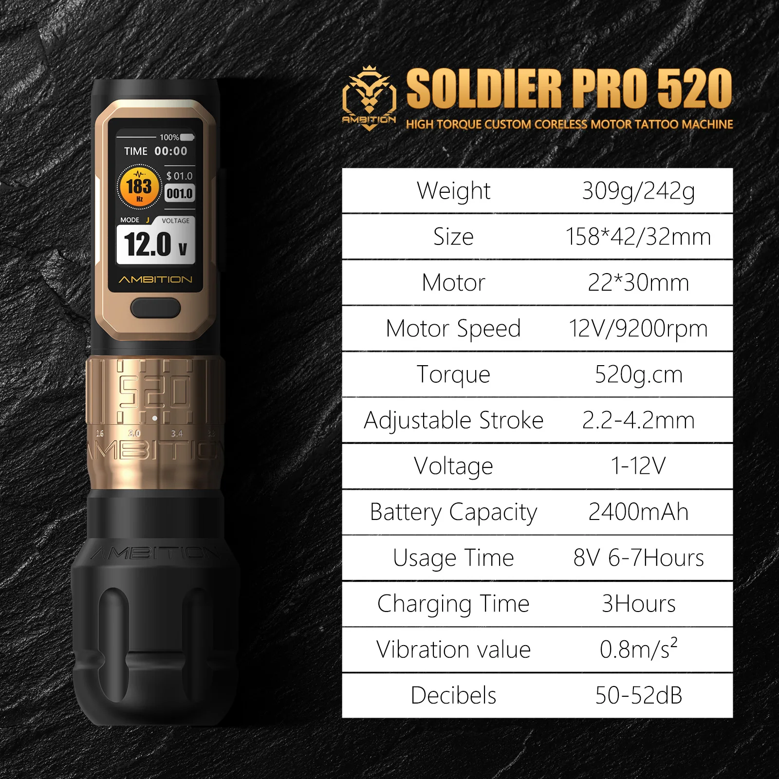Фото Комплект Ambition Soldier Pro 520, крутящий момент 520 г.см, беспроводная тату-машинка, ручка для татуировки, регулируемый ход 2,2-2,2 мм, бессердечный двигатель, 2400 мАч №4