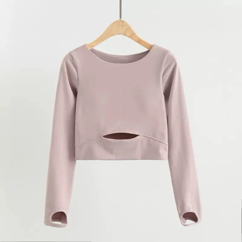 With Logo Workout Tops for Women Yoga Top With Chest Pad Exposed Navel Sports Long Sleeve Fitness T-Shirt Outdoor Cycling Tights