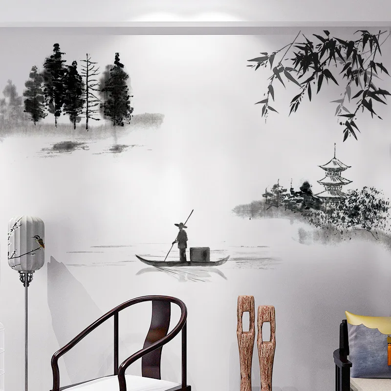

Чернильная живопись в китайском стиле пейзаж художественные настенные наклейки гостиная спальня фон для украшения дома роспись наклейки о...