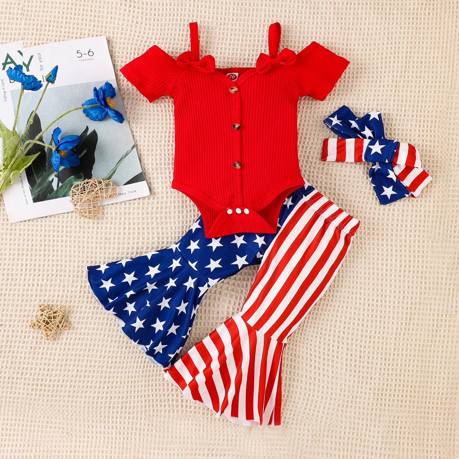 

2023-03-13 Lioraitiin 0-24M Newborn Baby Girl 3Pcs Independence Day Clothing V-Neck Red Bodysuit Top Stars Striped Flared Pant