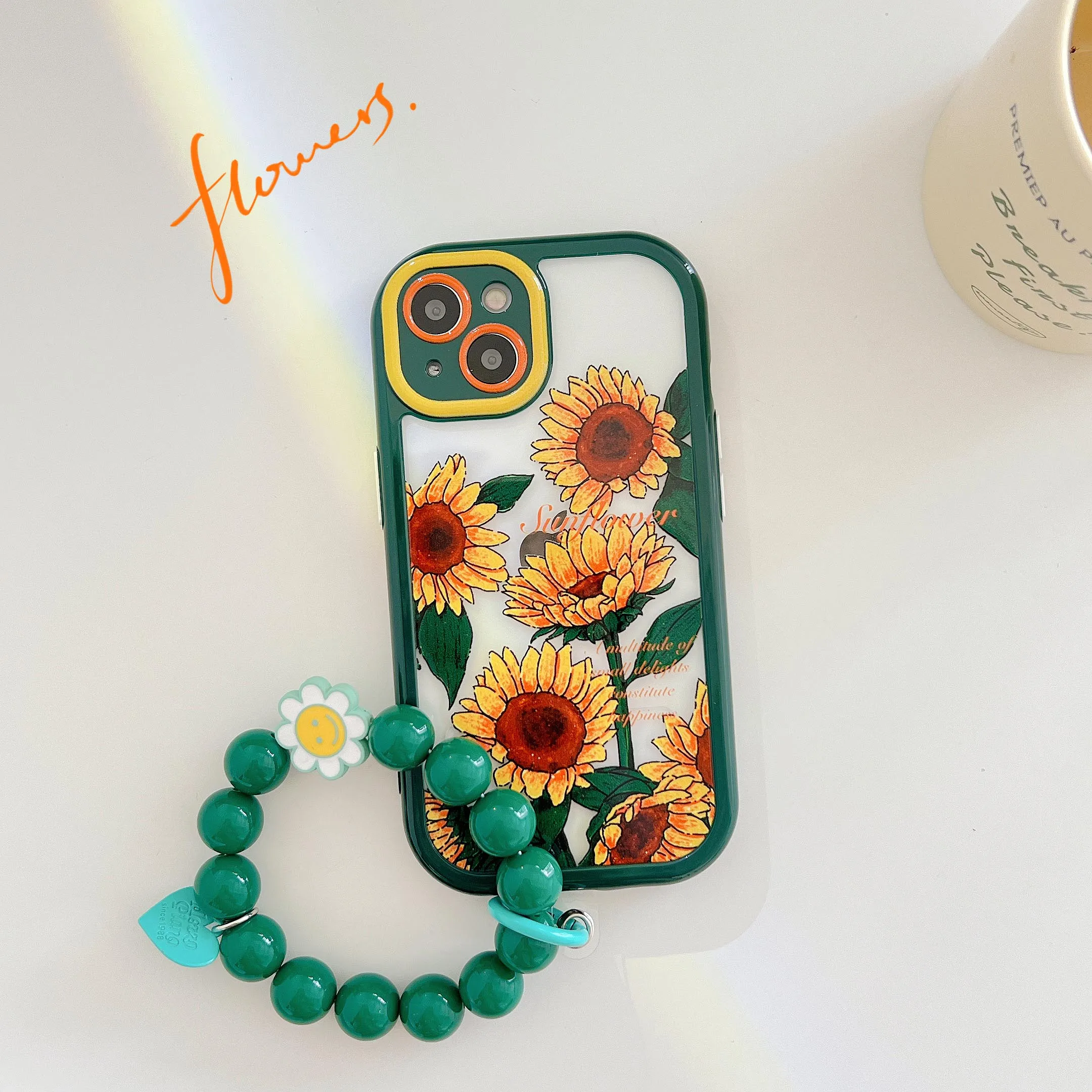 

Sunflower with Bead Chain Bracelet Case for IPhone 13 12 11 Pro Max X XS XR Strap Soft DIY Silicone Protective Shockproof Cover