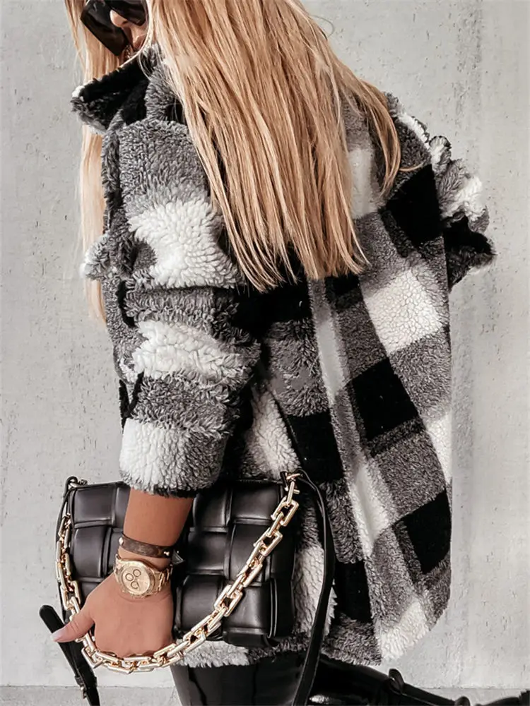 Женские свитера из шерпа пушистый флисовый свитер винтажная клетчатая куртка