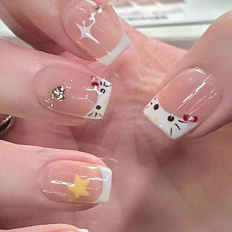 

Sanrio Hello Kitty Nail Enhancement French Star Cute Short Nail Wearing Nail Children's Fun Student Nail Sheet Detachable