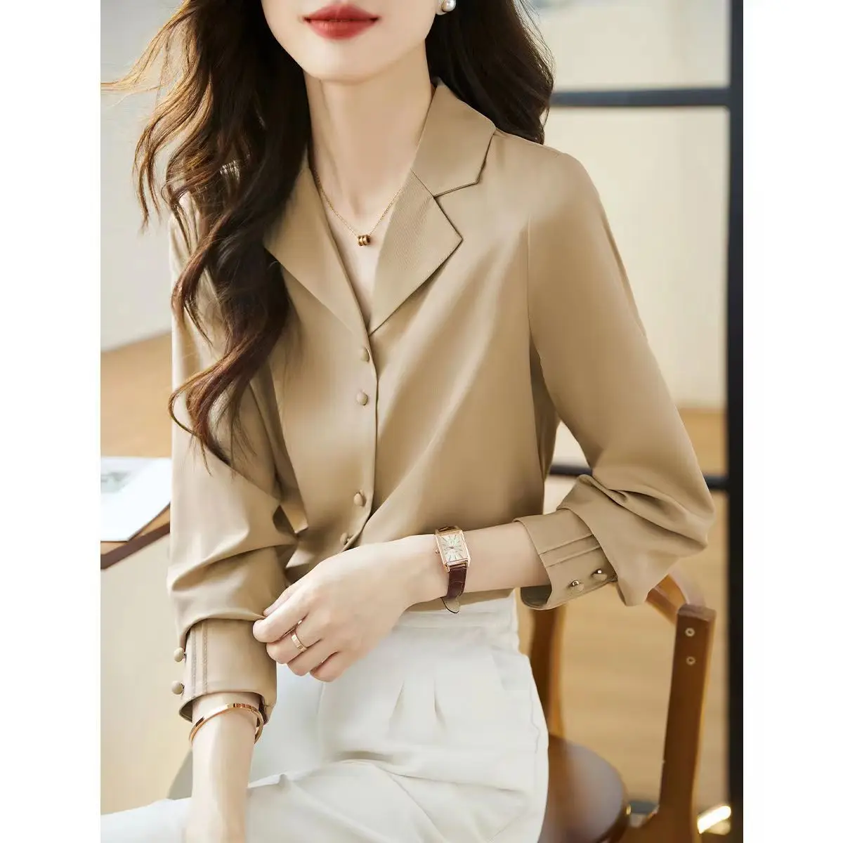 

Women's Shirt Long Sleeve Fashion Woman Blouses 2023 Light Khaki Top Female Shirts and Blous Ladies Tops OL Women Clothing B158