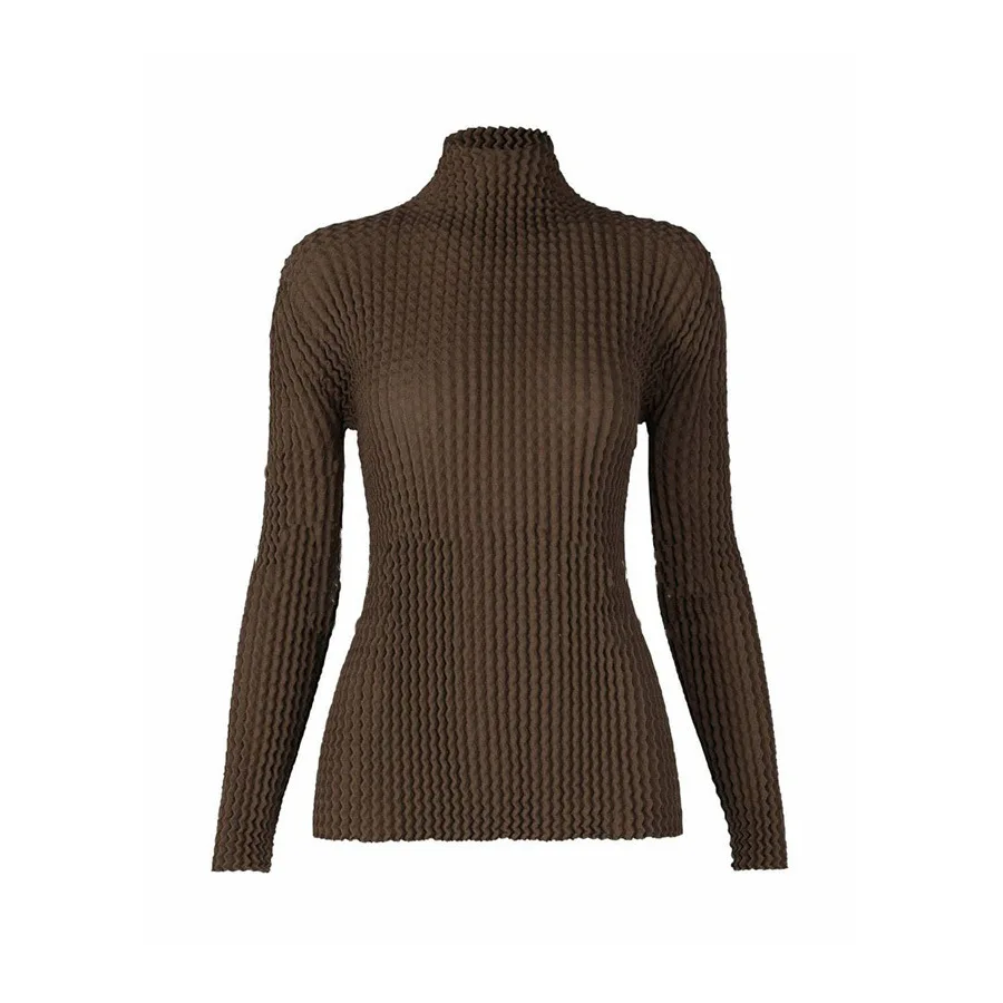 

Женская плиссированная футболка, черная эластичная облегающая Базовая рубашка с длинными рукавами и воротником средней высоты, Женский Топ