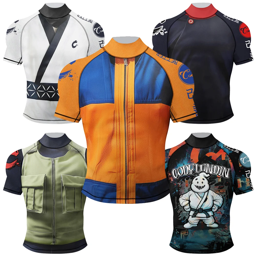 Фото 2025 Новый дизайн Mock Neck Rash Guard Силиконовый подол Мужская спортивная футболка Grappling Gi Jiu Jitsu Рашгард Быстросохнущая UPF 50+ Фитнес-футболка №1