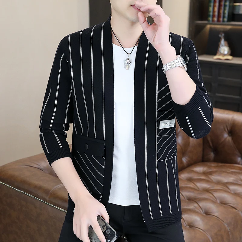 Мужской осенне-зимний полосатый свитер пальто мужская мода повседневный