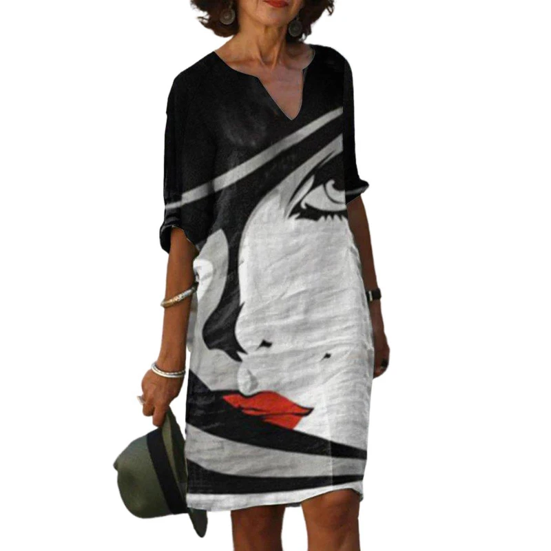 

Женская юбка средней длины, разноцветное платье с V-образным вырезом и принтом, с рукавом до локтя, весна-лето