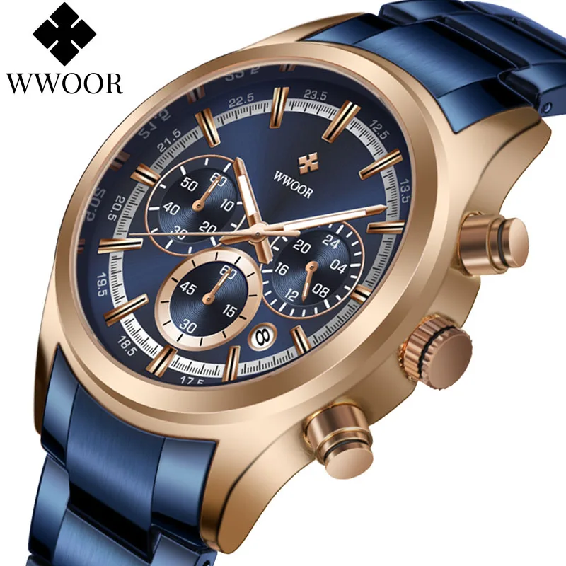 

Часы WWOOR Мужские кварцевые из нержавеющей стали, брендовые Роскошные спортивные водонепроницаемые в стиле милитари, с хронографом