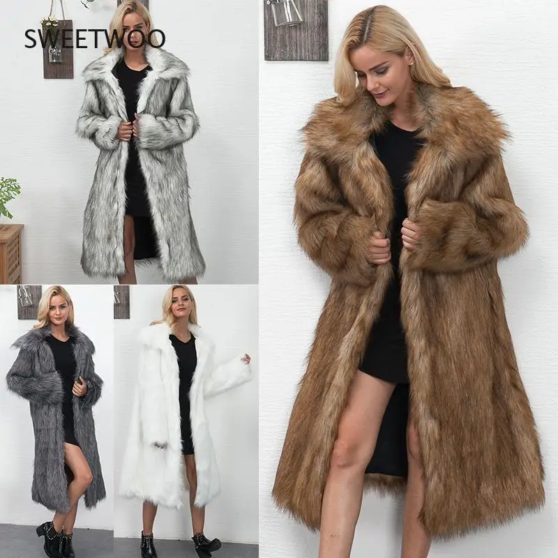 Winter Womens  Faux Fur Coat Long Slim Thicken Warm Hairy Jacket Trendy Warm Outerwear Fur Coat Trenchcoat Contracted