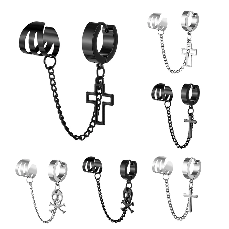 

New Exaggeration Cross Earrings For Women Jewelry Skull Chain Drop Statement Earrings 2021 Halloween gift Unusual Cross Ear Cuff